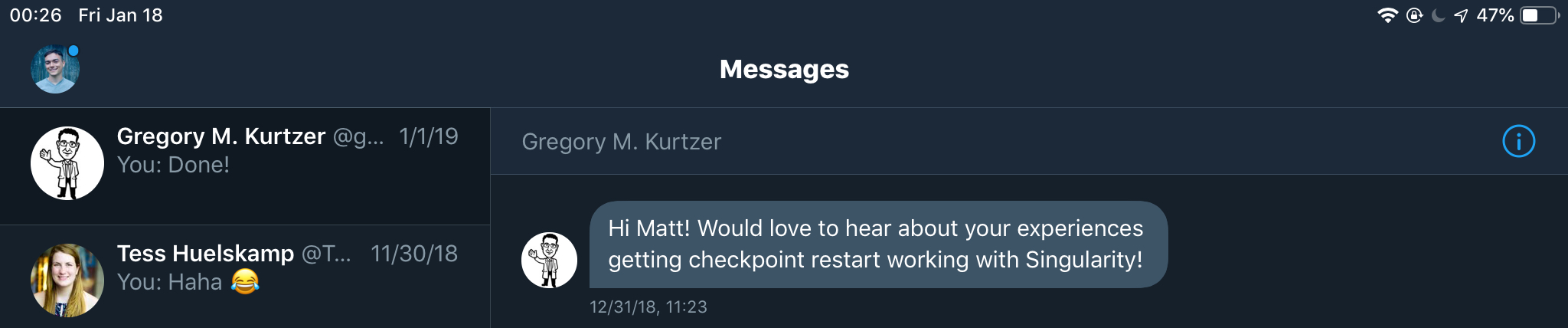 A direct message from Gregory Kurtzer.