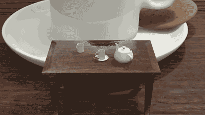 A gif of zooming in on cup with a small table next to it with a cup with a small table next to it with...
